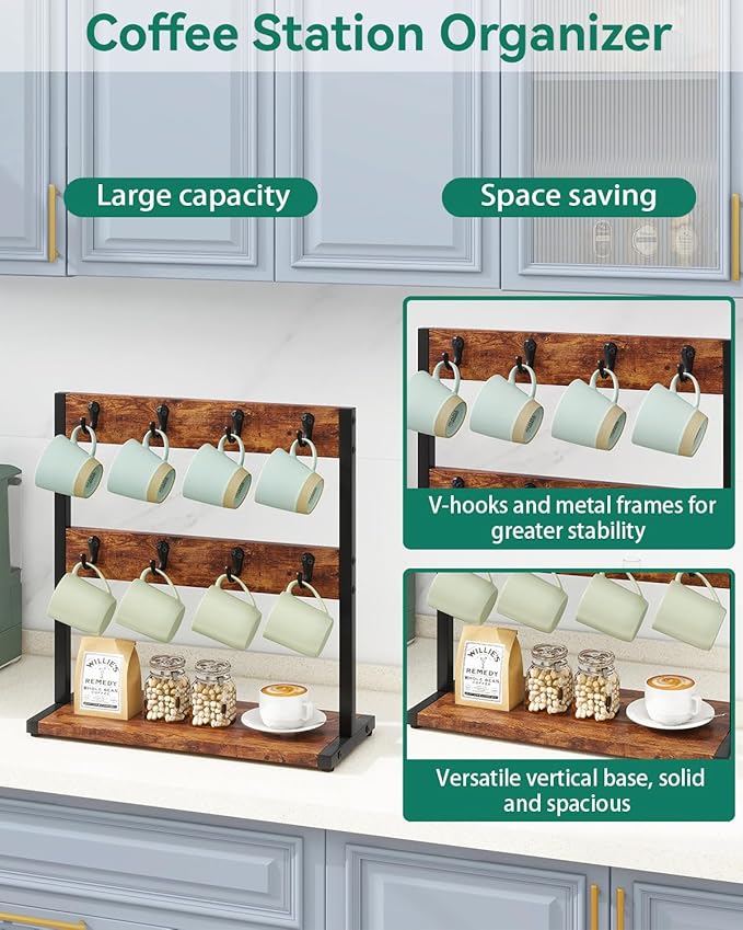 IBUYKE Wood Coffee Mug Holder for Countertop,16 Hook Mug Tree Holder Rack with Storage Base,Mug Display Organizer,Mug Holders for Home Kitchen, Rustic Brown UTBJ001H