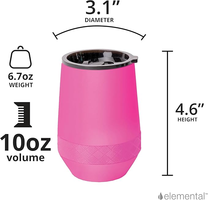 Elemental Recess Wine Tumbler - Triple Wall Insulated Stainless Steel Coffee Mug for Hot & Cold Drinks - Portable Cup with Shatterproof Sip Lid for Camping, Outdoor & Travel - 10oz - Hot Pink