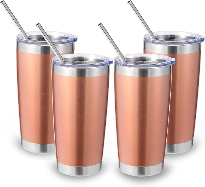 Volhoply 20oz Stainless Steel Tumbler with Lid and Straw Bulk 4 Pack,Double Wall Insulated Travel Ice Coffee Mug Fits Cup holder,Powder Coated Cups for Hot/Cold Drinks,Gifts for Women（Rose Gold,4 Set）