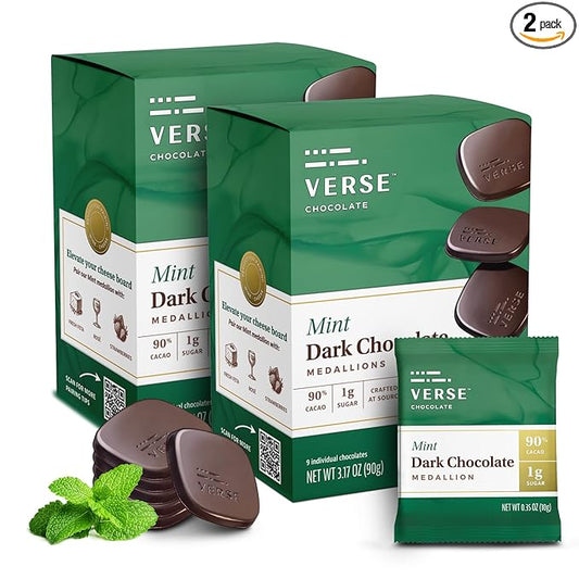 Verse 90% Dark Chocolate Mint Squares - Only 1g Cane Sugar - Creamy Dark Cocoa - Individually Wrapped Cacao Chocolate Squares (9 Count, 2 Pack)