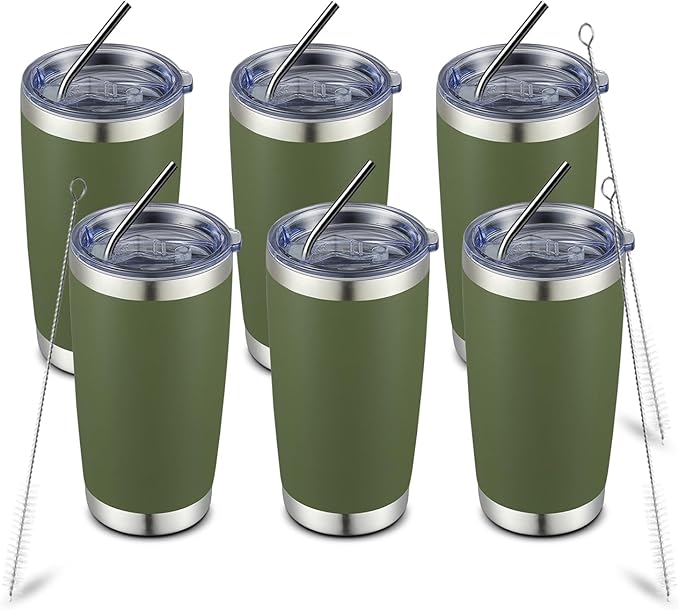 COMOOO 20oz Double Wall Vacuum Insulated Travel Mug, Stainless Steel Tumbler with Lid and Straw Durable Powder Coated Insulated Coffee Cup for Cold & Hot Drinks（Army Green, 6 Pack）