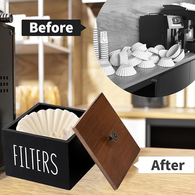Coffee Filter Holder, Wooden Coffee Filter Container Coffee Filter Storage with Lid, Rustic Coffee Filter Dispenser Basket for Coffee Bar Decor, Farmhouse Coffee Bar Accessories (Black)