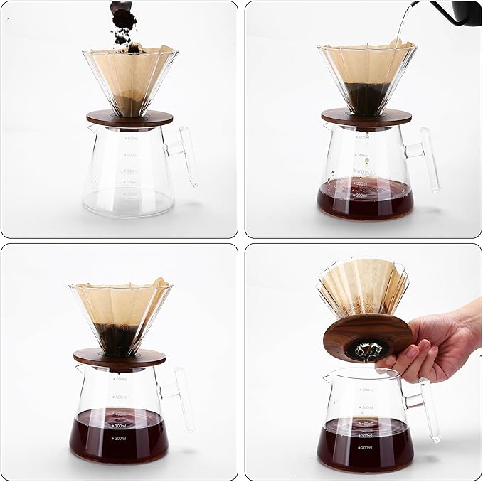 Pour Over Coffee Maker, 20 oz Borosilicate Glass Set with 100 pcs Paper Filter, Walnut Collar & Glass Lid, Drip Coffee Maker, 1-3 Cups, Clear, 600 ml, Petal Shape