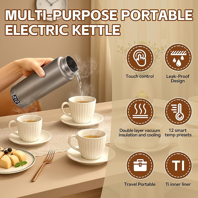 Pure Titanium Travel Kettle,Dual Voltage Portable Electric Kettle 110V-240V Smart Small Water Boiler for Tea & Coffee,12 Temperature Control,Auto Shut Off & Boil Dry Protection (Gray,380ML)