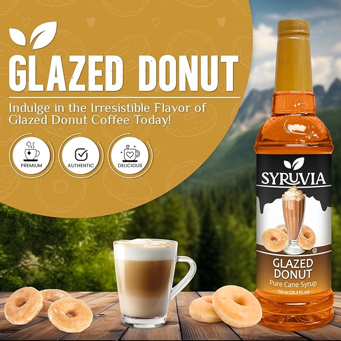 Syruvia Glazed Donut Coffee Syrup - 25.4 fl oz Premium Coffee Flavoring Syrup - Kosher Coffee Syrups, Gluten Free, No Coloring, Perfect for Drinks, Soda, Shakes, Desserts, and More With Pump