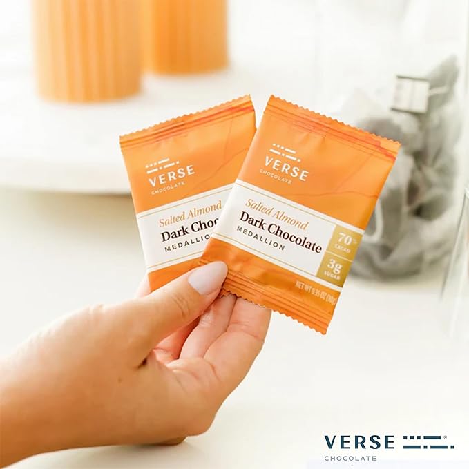Verse 70% Dark Chocolate with Almonds - Only 3g Cane Sugar - Crunchy Salted Almond - Individually Wrapped Dark Cocoa Bar Chocolates (9 Count, 2 Pack)