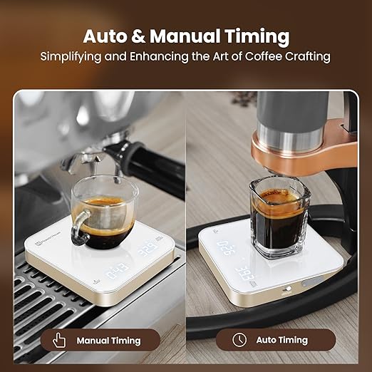 Rechargeable Mini Coffee Scale with Timer, Maestri House Espresso Scale, 2kg/0.1g Accurate Scale for Espresso and Pour-Over Coffee, Portable Digital Kitchen Scale with Automatic Timing（White&Glod）