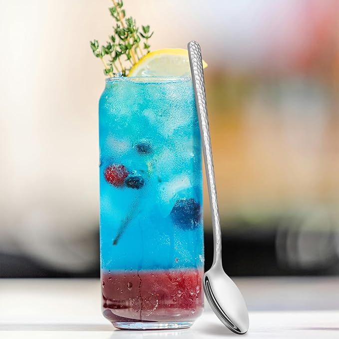 8.4-Inch Hammered Ice Tea spoon Long Handle, Coffee Spoon, Ice Cream spoons, Stainless Steel Cocktail Stirring Spoons, Tea spoon，Set of 6