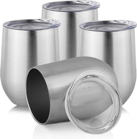 DOMICARE Stainless Steel Wine Tumbler Bulk with Lid, Personalized Insulated Tumblers Set, 12oz Travel Coffee Cups Pack of 4, Stainless steel