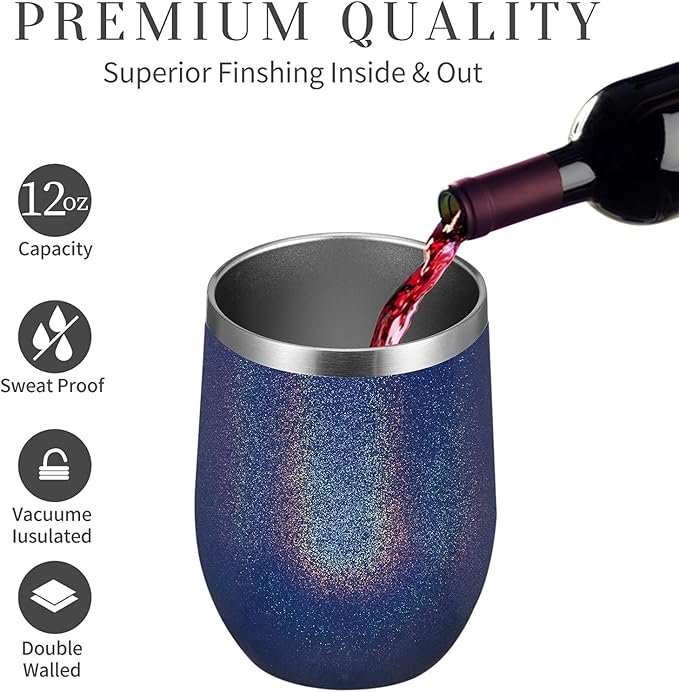 MEWAY 12oz/12 Pack Wine Tumbler Glasses with Lid - Stemless Double Wall Vacuum Stainless Steel Glitter Tumbler - Keeping Cold & Hot Cup for Coffee,for Women(Rainbow Navy,Set of 12)