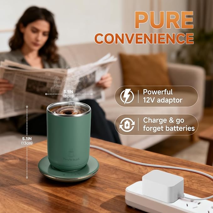 Smart Heated Coffee Mug with Temperature Control, Magnetic Auto Stirring & 3 Heat Levels, Type-C USB Rechargeable Stainless Steel Mug, 8-Hour Shut-Off, Perfect for Desk, Home, Office,Tea – Green 11oz