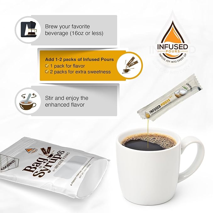 Single Serving Coconut Syrup Packets for Coffee and Cocktails - 6mL Each, 30 Count - Bag of Syrups by Infused Pours (6mL, Coconut)