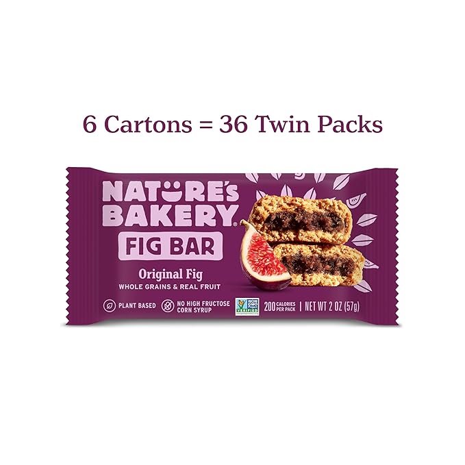 Nature’s Bakery Whole Wheat Fig Bars, Original Fig, Real Fruit, Vegan, Non-GMO, Snack bar, 6 boxes with 6 twin packs (36 twin packs)