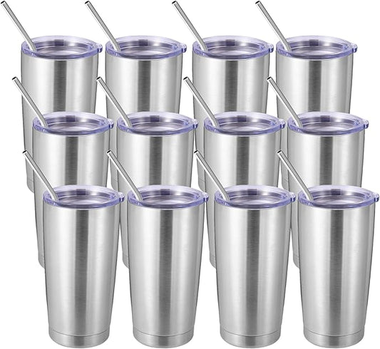 Volhoply 20oz Stainless Steel Tumbler with Lid and Straw Bulk 12 Pack,Double Wall Insulated Travel Iced Coffee Mug Fits Cup holder,Powder Coated Cups for Hot/Cold Drinks,Christmas Gifts（Silver,12 Set）