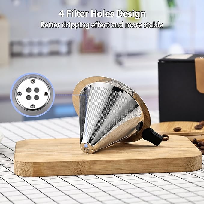 Small Size Pour Over Coffee Filter Dripper, Stainless Steel Metal Cone Drip Coffee Filter, Paperless and Permanently Reusable, Double Mesh Coffee,Tea Filter for 1-2 Cups