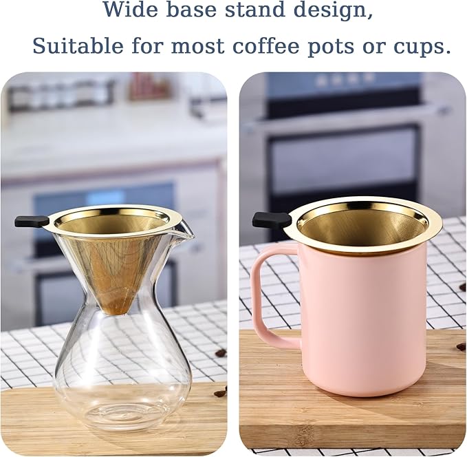Small Size Pour Over Coffee Filter Dripper, Stainless Steel Metal Cone Drip Coffee Filter, Paperless and Permanently Reusable, Double Mesh Coffee,Tea Filter for 1-2 Cups