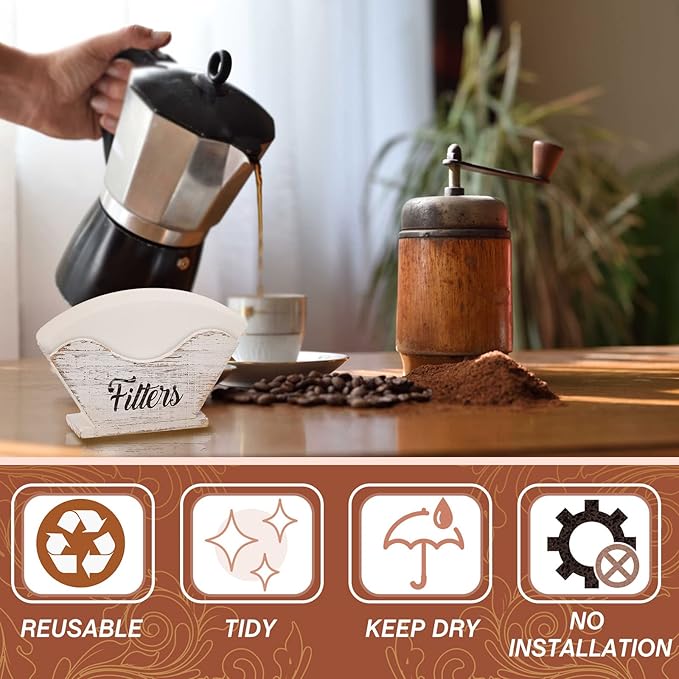 Juexica Farmhouse Cone Coffee Filter Holder Storage number 4 Rustic Wood Holder Organizer Counter Mount for Square Cone Shaped Flat Bottomed Paper(White)