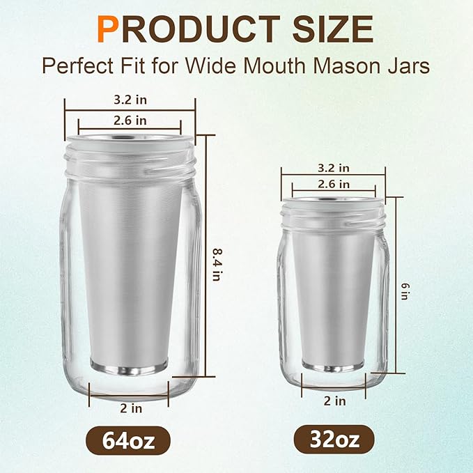 2 PCS Cold Brew Coffee Filter, 304 Stainless Steel Food Grade, Coffee Maker, Tea Maker,Water Filter, Ultra Fine Mesh, Wide Mouth Mason Jar 64oz