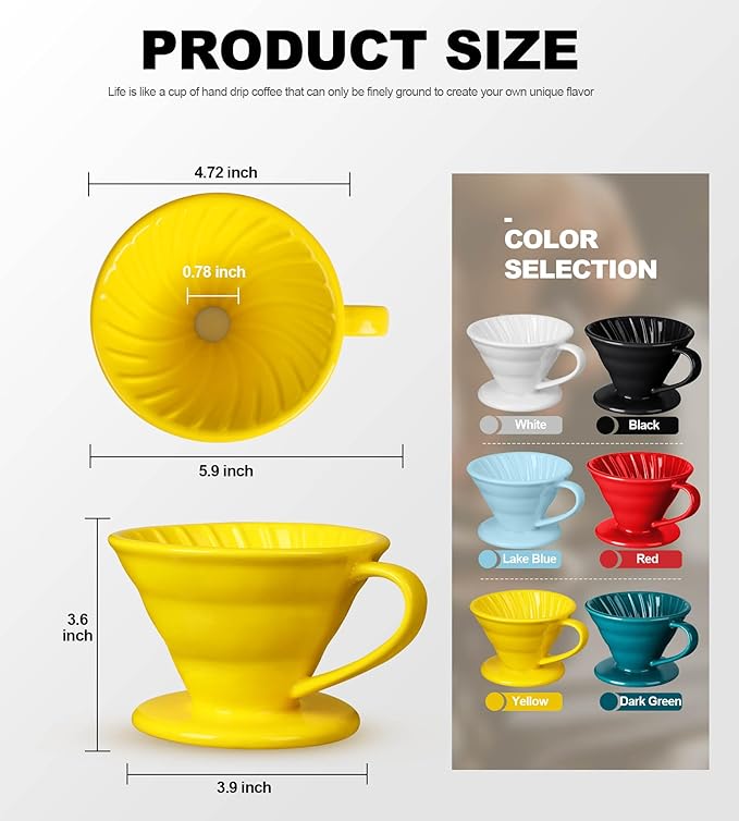 Pour Over Coffee Dripper - Ceramic Pour Over Coffee Maker Cone, Porcelain Coffee Drip, Pour Over Single Cup, Manual Brew Maker for Home, Cafe, Office - 1-4Cup, V60 Size 02 (Yellow)