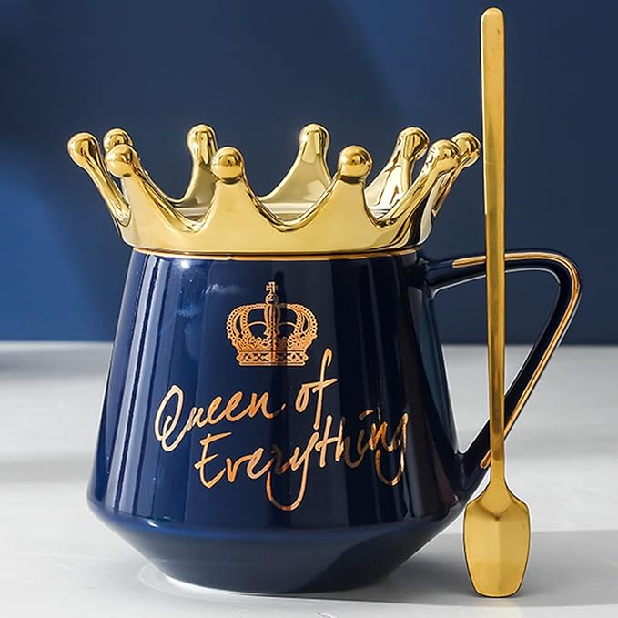 Queen of Everything Mug with Lid Cute Mugs Gift with Crown Dark Blue Coffee Mug with Spoon & Coaster 12 oz Ceramic Tea Cup Birthday Gift for Women Girls Mom Friend