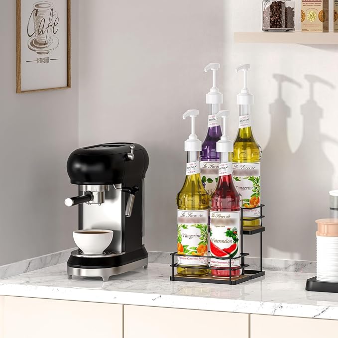 THYGIFTREE Coffee Syrup Rack Organizer 4 Bottle Syrup Holder Stand 2-Tier Storage Shelves for Kitchen Coffee Bar Station