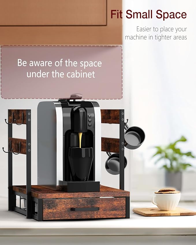 Evermagin Coffee Pod Drawer Compatible with Nespresso Original Line, 63 Pods Coffee Organizer with Cup Holder, Durable Coffee Maker Stand with Storage Drawer, Rustic Brown