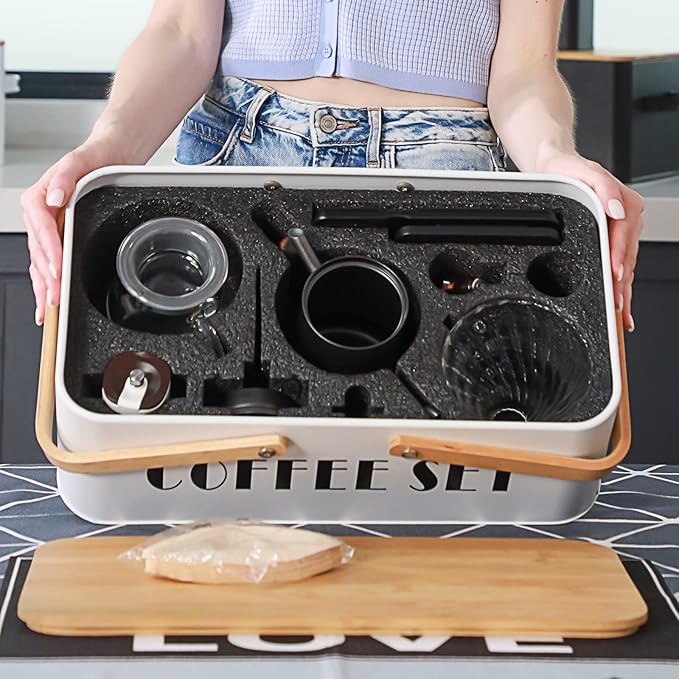 Pour Over Coffee Maker Set Coffee Kettle Scale Server Dripping Cup Bean Grinder Filter Paper Ceramic Cup ALL in 1 Great Portable Metal Box for Traveling Excellent Coffee Gift