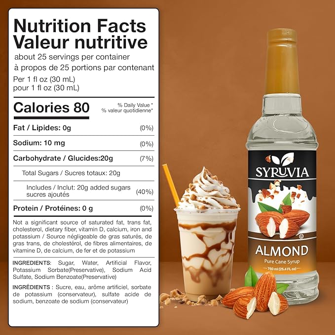 Syruvia Almond Coffee Syrup - 25.4 fl oz - Kosher Syrups, Gluten Free, No Coloring, Perfect for Drinks, Soda, Shakes, Desserts, and More With Pump