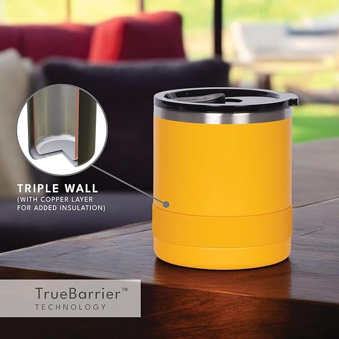 Elemental Recess Lowball Tumbler, 10oz Triple Wall Stainless Steel Cup with Non-Shattered Tritan Lid, Insulated Whiskey Glass, Insulated Coffee Tumbler Mug for Hot & Cold Drinks - Citrus