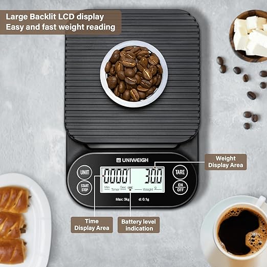 Digital Coffee Scale with Timer 3kg/0.1g,High Accuracy Espresso Scale with Timer/Auto Off/Tare Function,for Pour Over Drip Coffee,Kitchen Scale with LCD Display (Batteries Included)