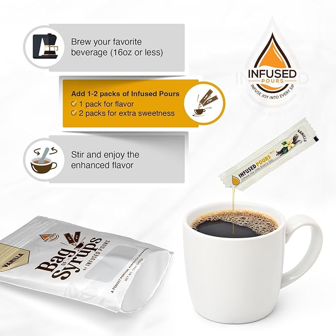 Single Serving Vanilla Syrup Packets for Coffee and Cocktails - 6mL Each, 30 Count - Bag of Syrups by Infused Pours (6mL, Vanilla)
