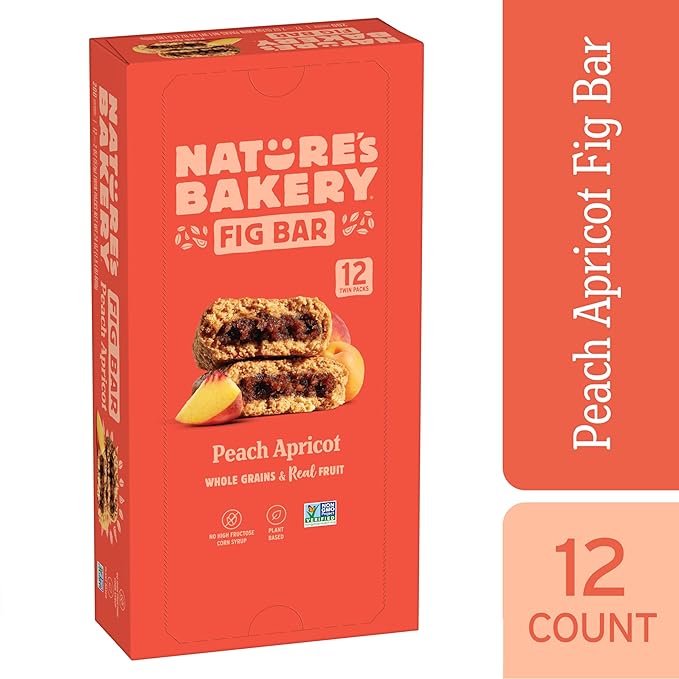 Nature’s Bakery Whole Wheat Fig Bars, Peach Apricot, Real Fruit, Vegan, Non-GMO, Snack bar, 1 box with 12 twin packs (12 twin packs)