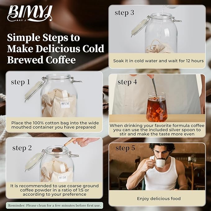 Reusable Cold Brew Bags & Cold Brew Coffee Bags Reusable - for Toddy Systems |11.8 inch Large 100% Natural Organic Cotton Cold Brew Filter Bags 2-Pack + 2 Bonus 304 Silver Spoons