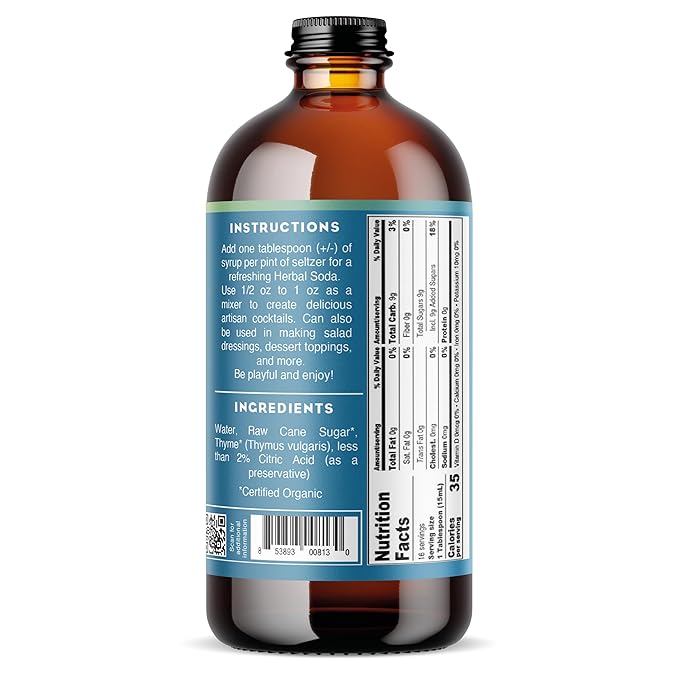 Bluestem Botanicals Organic Thyme Simple Syrup, 8 oz, Cocktail and Mocktail Mixer for Drinks, Non-Alcoholic