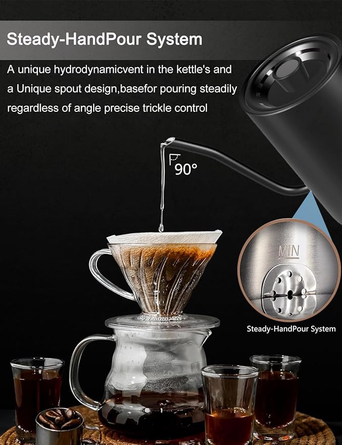Electric Kettles Gooseneck Electric Kettle with 1°F Precision Temp Control Fast Boiling Pour Over Coffee & Tea Kettle, 304 Stainless Steel, BPA-Free, 0.9 Liter, Black(Kettle + Pour Over Coffee Maker)