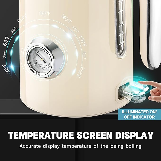 SUSTEAS Electric Kettle - 57oz Hot Tea Kettle Water Boiler with Thermometer, 1500W Fast Heating Stainless Steel Tea Pot, Cordless with LED Indicator, Auto Shut-Off & Boil Dry Protection, Beige