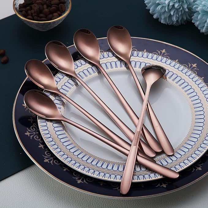 Premium Rose Gold Set of 6 Stainless Steel Long Handle Stirrers and Spoons for Coffee, Ice Tea, Ice Cream, Cocktails