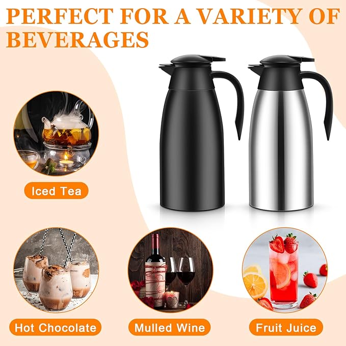 Norme 2 Pcs Thermal Coffee Carafe Insulated Stainless Steel Coffee Carafe for Hot Liquid Vacuum Thermal Pot Creamer Pitcher Dispenser with Brushes Keeping Hot Water Milk(Black, Silver,51 oz)