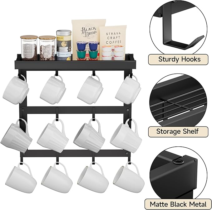 Coffee Mug Rack Wall Mounted, Rustic Metal Mug Holder Organizer with 12 Hooks and Top Shelf Cup Storage Rack for Home Kitchen Coffee Bar Station Mug Display and Collection
