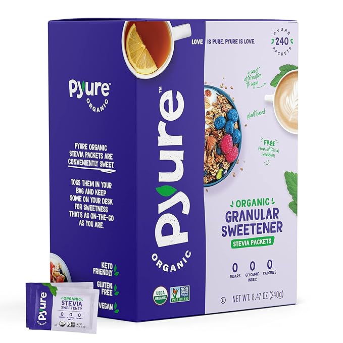 Pyure Organic Stevia Packets | Zero Calorie Sweetener for Coffee, and Baking | Granulated Stevia Sugar Substitute | Plant-Based, Keto, Diabetic & Paleo Friendly | USDA Organic, Non-GMO | 240 Packets
