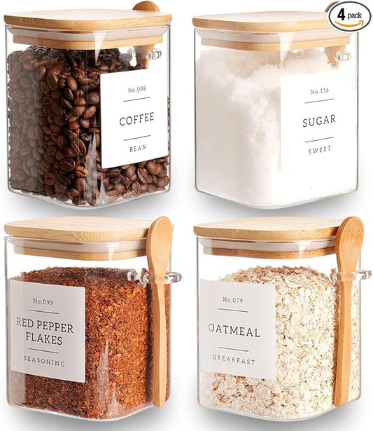 Set of 4 Square Glass Jar with Bamboo Lids and Spoons – Airtight 27 oz Borosilicate Glass Food Storage Contaienrs with 132 Kitchen Pantry Labels for Coffee, Tea, Sugar