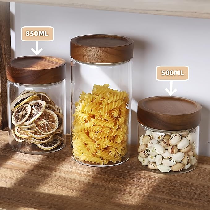 28 Fl oz/850 ml Glass Food Storage Jar, Premium Clear Glass Container Jar with Airtight Wooden Screw Lid, Kitchen Canisters for Coffee,Tea,Pasta,Cookies, Nuts,Spice,Candy,Overnight Oatmeal（Medium）