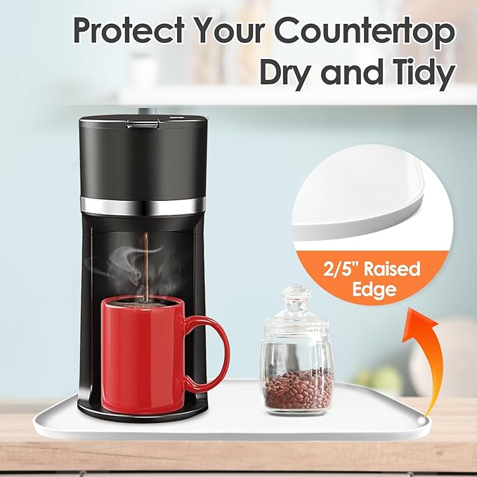 Silicone Coffee Maker Mat with Lip, 17.4'' x 10.6'' Heavy Duty Coffee Maker Mat for Countertops, Coffee Tray Fit Under Coffee Machine Appliance Automatic Machines Espresso Accessory, White