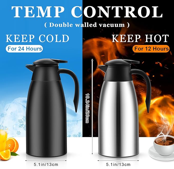 Norme 2 Pcs Thermal Coffee Carafe Insulated Stainless Steel Coffee Carafe for Hot Liquid Vacuum Thermal Pot Creamer Pitcher Dispenser with Brushes Keeping Hot Water Milk(Black, Silver,51 oz)