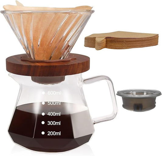 Pour Over Coffee Maker Set 600ml Portable with 100 Pcs Filter Paper Glass Coffee Maker High Borosilicate Glass Eagle Beak Spout Design Walnut Wood Base for Pour Over Dripper for Daily Brewing