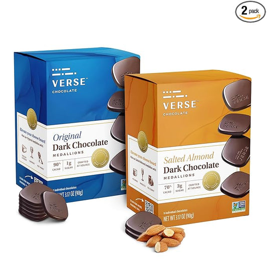 Verse Dark Chocolate Squares Variety Pack - Original and Salted Almond w/Low Cane Sugar, High Cacao - Premium Dark Chocolates - Individually Wrapped Chocolate Squares (9 Count, 2 Pack)