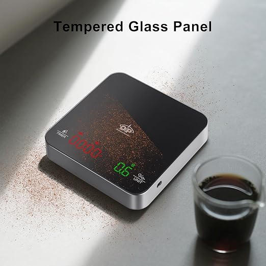 QP Mini Coffee Scale with Timer, 2kg/0.1g Accuracy Rechargeable Digital Espresso Scale with Timer, 3 Modes Digital Gram Scale for Coffee, g/ml/oz/lb, Capacitive Touch Control, Tempered Glass Surface
