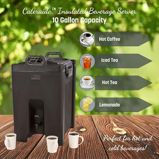 Carlisle FoodService Products Cateraide Insulated Beverage Dispenser with Handles for Catering, Kitchen, and Restaurants, Plastic, 10 Gallons, Black