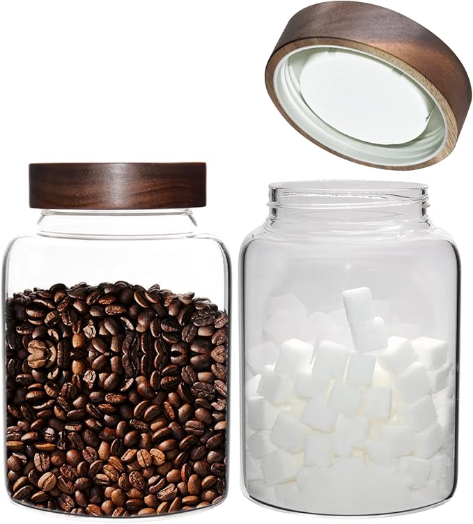 Glass Spice Jar Coffee Sugar Container Airtight Glass Jar Food Storage Canisters Bottle for Kitchen Seasoning Tea Herb Overnight Oats Bar Parfait Snacks (1800(60oz)-2 pack-no spoon)