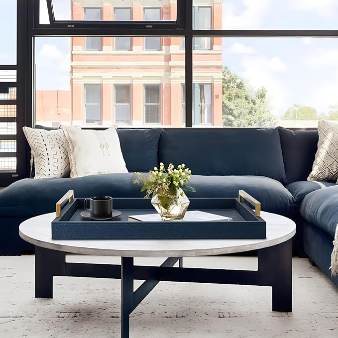 Large Navy Blue Decorative Tray for Ottoman,Stylish Rectangle Coffee Table Tray with Handles,Versatile Serving Tray for Living Room and Home Decor